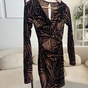 Fashion Nova Black and Brown Long Sleeve Dress